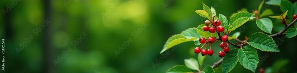 Low bush cranberry with red berries and thorns, wild berry plant, dense foliage, evergreen tree Low bush cranberry with red berries and thorns, wild berry plant, dense foliage, evergreen tree