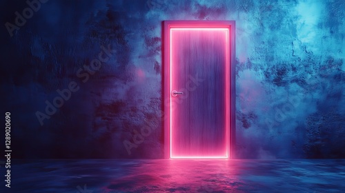 Wallpaper Mural A glowing neon blue and purple digital door, abstract and open, set against a dark empty room background, representing futuristic technology in a digital illustration Torontodigital.ca