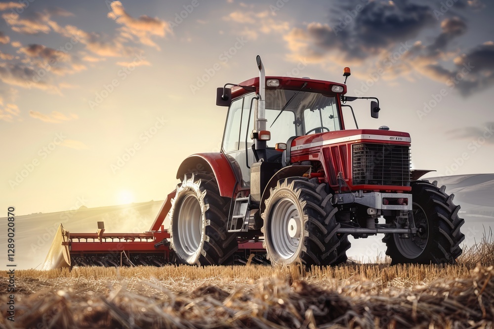 Obraz premium Red tractor plowing field at sunset: modern agriculture in action.