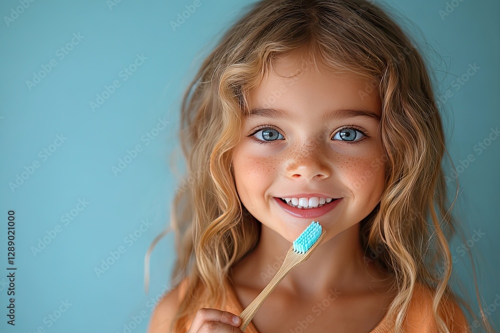 Happy smiling child kid girl brushing teeth with toothbrush on blue background. Health care, dental hygiene. Mockup, copy space Happy smiling child kid girl brushing teeth with toothbrush on blue background. Health care, dental hygiene. Mockup, copy space