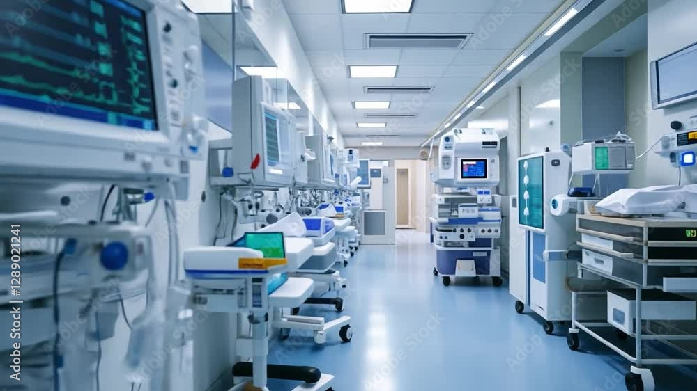 Modern Intensive Care Unit: A clinical perspective capturing an array of advanced medical equipment and technology within an intensive care unit setting, conveying the critical care environment. Modern Intensive Care Unit: A clinical perspective capturing an array of advanced medical equipment and technology within an intensive care unit setting, conveying the critical care environment.