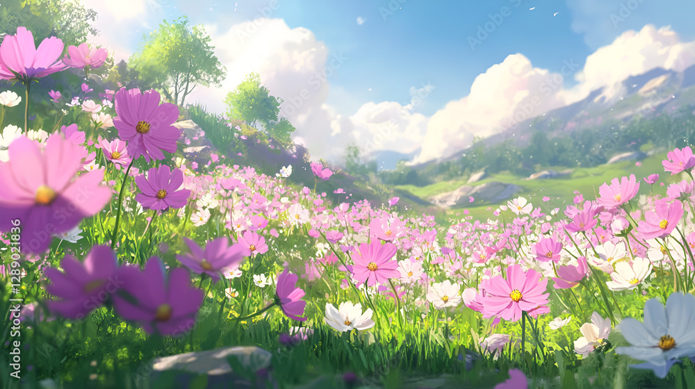 Vibrant Field of Blooming Cosmos Flowers in Spring, Pink, Purple, and White Cosmos Flowers in a Lush Meadow Vibrant Field of Blooming Cosmos Flowers in Spring, Pink, Purple, and White Cosmos Flowers in a Lush Meadow