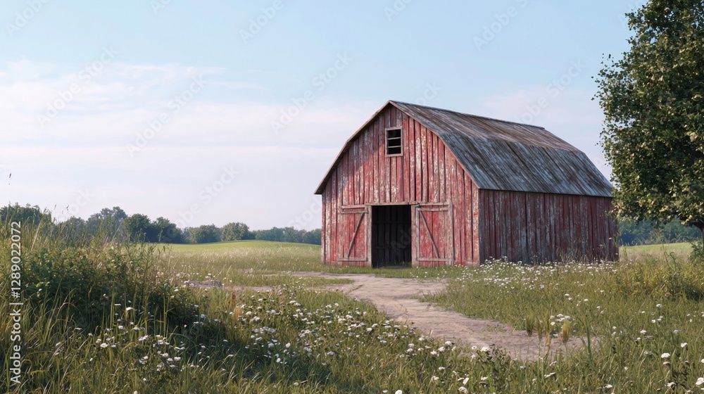 Rustic Red Barn Surrounded by Green Fields and Wildflowers Under Clear Blue Sky in Rural Landscape Rustic Red Barn Surrounded by Green Fields and Wildflowers Under Clear Blue Sky in Rural Landscape