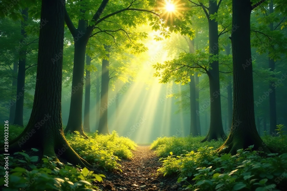 Obraz premium Forest scene with sunlight filtering through leafy canopy, sunlight, forest, leaves