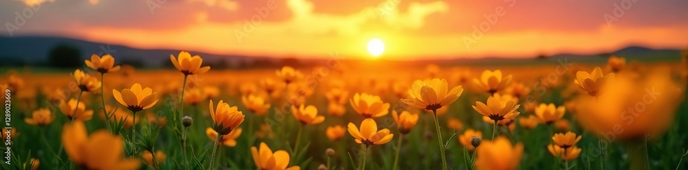 Fototapeta premium Sunset colors dance across a field of bright yellow orange flowers, flowers, yellow orange