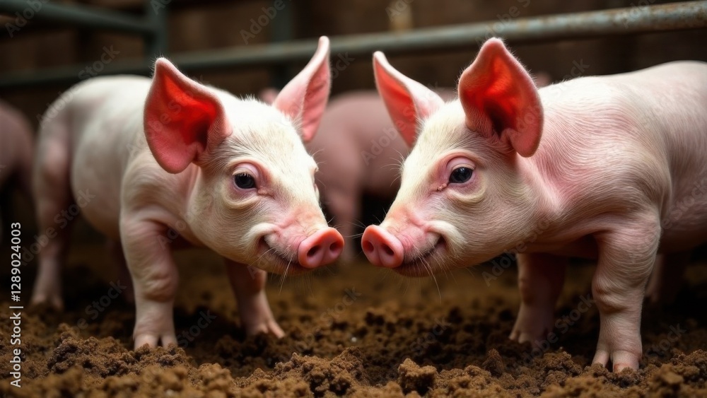 Pigs and piglets on a farm, eating in a pen. Livestock, cattle breeding, agriculture, farming Pigs and piglets on a farm, eating in a pen. Livestock, cattle breeding, agriculture, farming