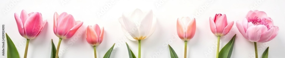 Delicate tulip and peony blooms in soft pastel shades against a white background, soft pastel, bloom, nature Delicate tulip and peony blooms in soft pastel shades against a white background, soft pastel, bloom, nature
