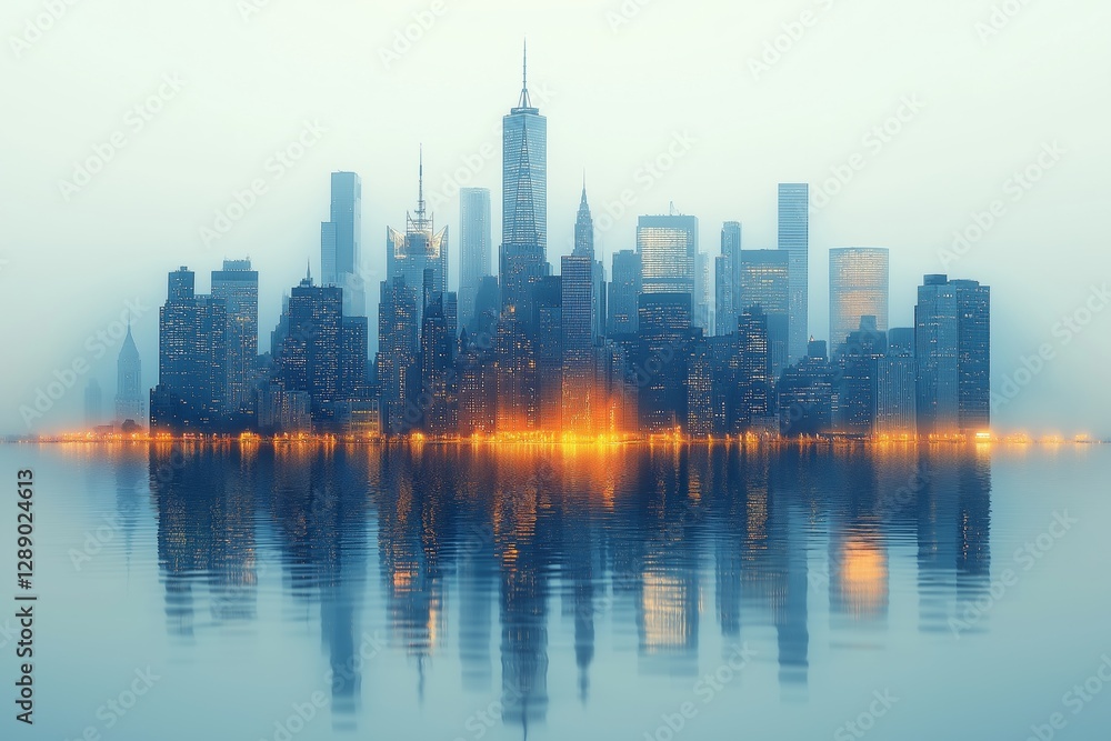 Obraz premium Foggy city skyline reflecting on water creates dreamy atmosphere, showcasing design of city skyline. Concept involves exploration of design of city skyline in tranquil light imagery