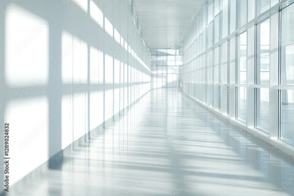 Sunlit, empty hallway in modern building Sunlit, empty hallway in modern building