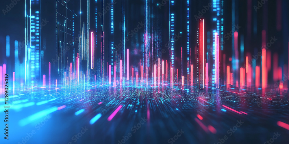 Abstract data visualization with glowing vertical bars and streaming information, showcasing interconnected networks and digital connectivity. Abstract data visualization with glowing vertical bars and streaming information, showcasing interconnected networks and digital connectivity.