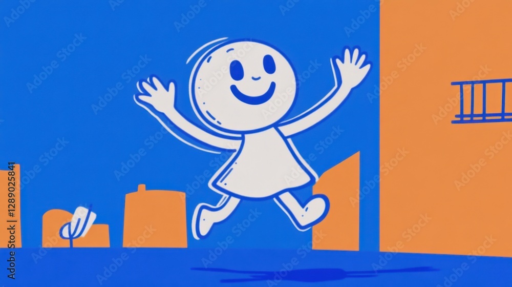 A cheerful character with a round head and simple dress joyfully runs against a vibrant blue and orange background. A cheerful character with a round head and simple dress joyfully runs against a vibrant blue and orange background.