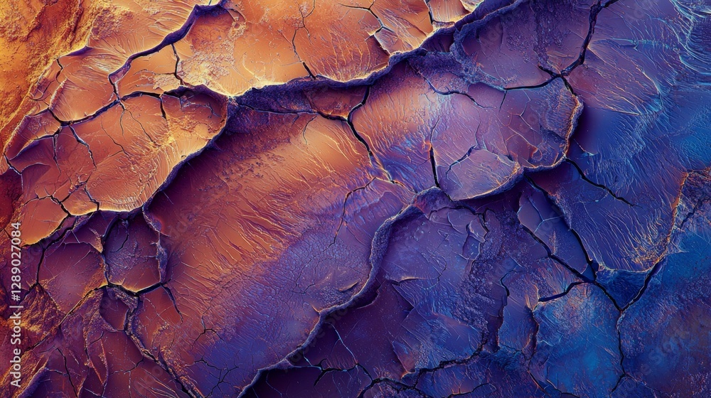 Fototapeta premium Abstract Texture of Cracked Earth in Vibrant Purple and Orange Tones Ideal for Artistic Backgrounds and Creative Projects
