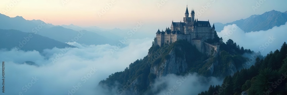 An imposing castle built atop a mountain peak shrouded in mist and clouds, ancient, mystical An imposing castle built atop a mountain peak shrouded in mist and clouds, ancient, mystical