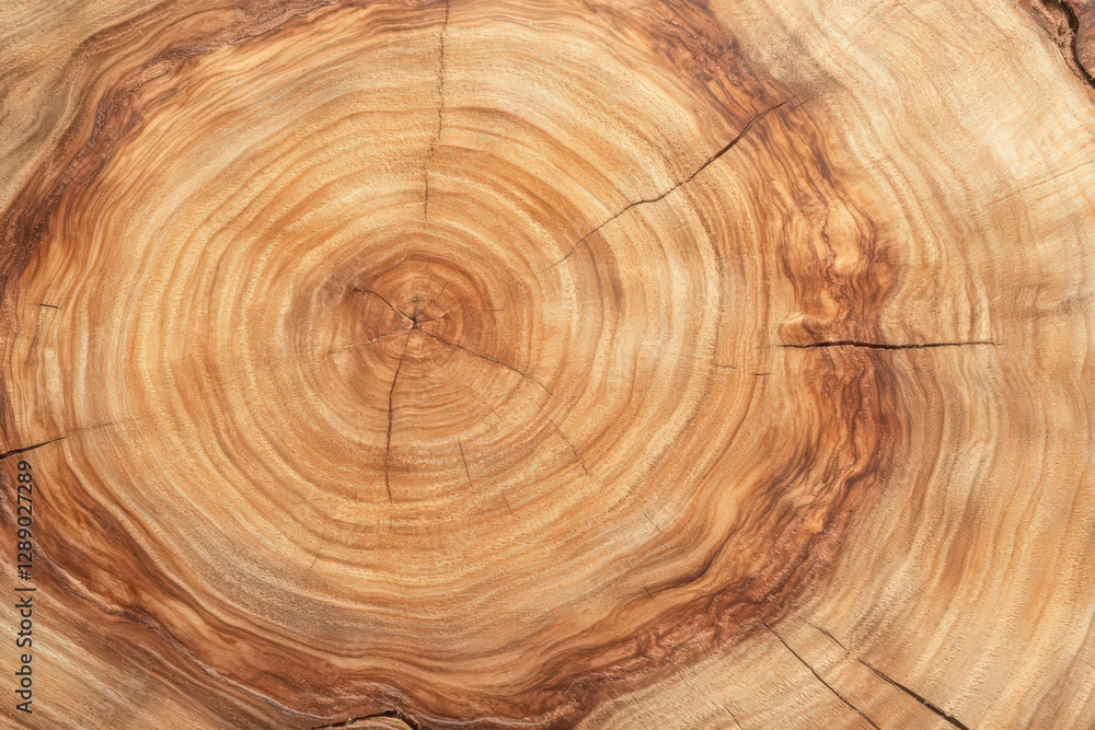 Naklejka premium Detailed close-up of a tree trunk cross-section, showcasing concentric growth rings in warm light brown and tan hues. The wood texture is visible