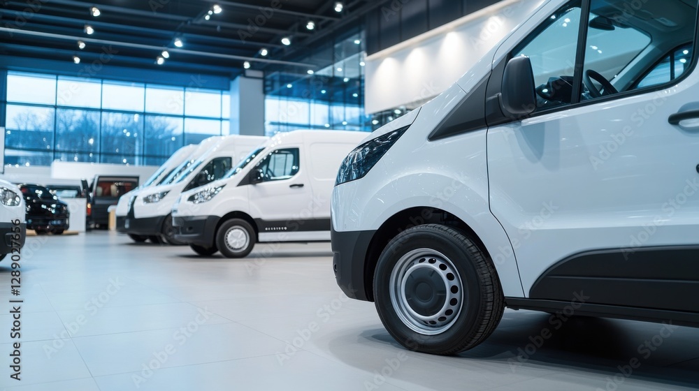 A car showroom displaying eco-friendly electric vans. Featuring functional design and zero-emissions technology A car showroom displaying eco-friendly electric vans. Featuring functional design and zero-emissions technology