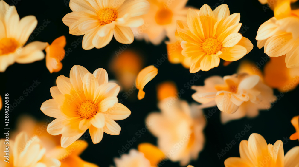 Fototapeta premium Falling yellow and orange chrysanthemums for autumn floral background design