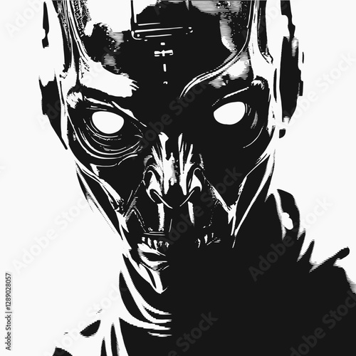 Cyborg portrait, techno music album cover, white background, vector graphic