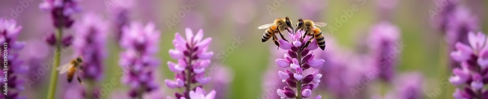 Golden honeybees buzzing around a field of violet wildflowers, colors, Golden honeybees buzzing around a field of violet wildflowers, colors,
