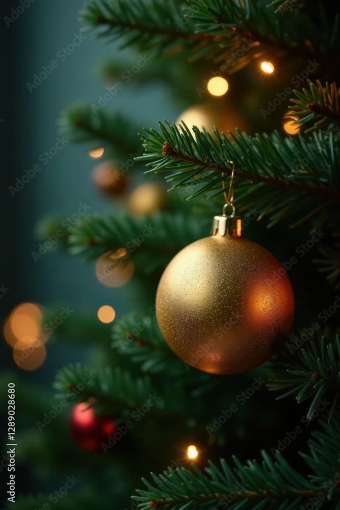 Golden Christmas ball nestled among lush greenery on the branch of a towering Christmas tree with bright twinkling lights, sparkle,, christmas Golden Christmas ball nestled among lush greenery on the branch of a towering Christmas tree with bright twinkling lights, sparkle,, christmas
