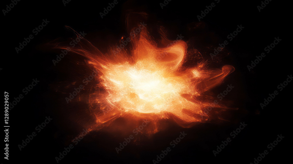 Fiery explosion with bright yellow core against dark background Fiery explosion with bright yellow core against dark background