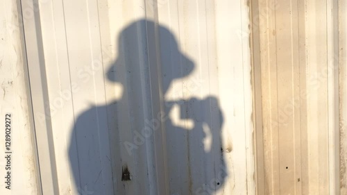 A person shadow is taking a picture of themselves with a camera. The person is wearing a hat and is standing in front of a wall. The wall is made of wood and has a shadow of the person on it