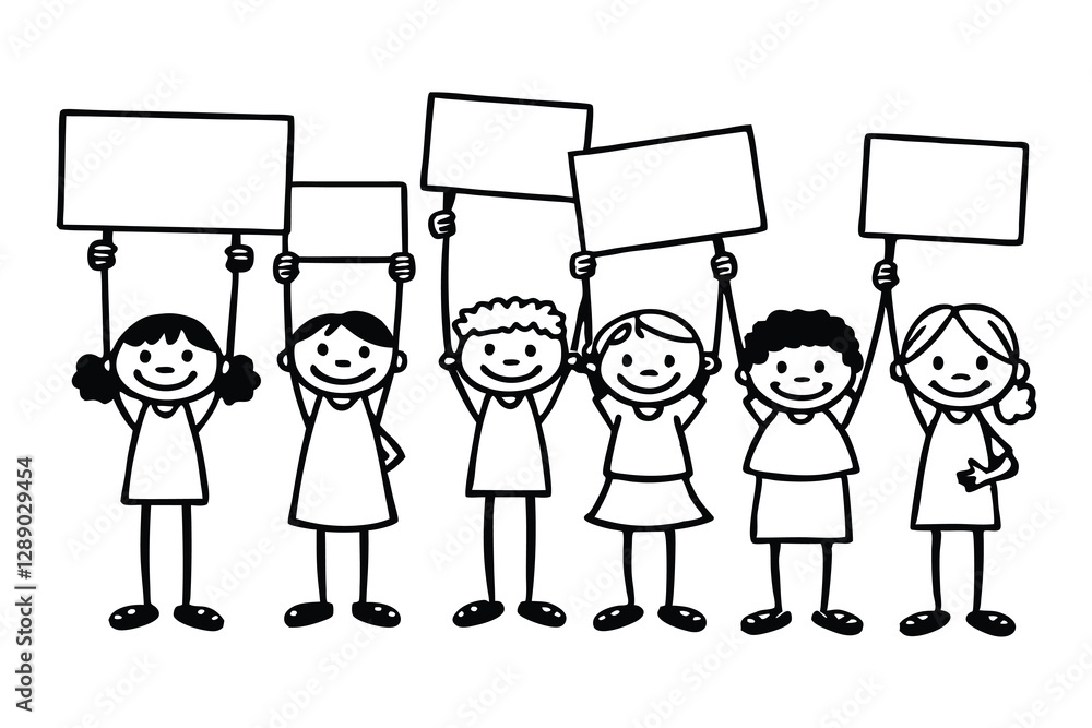Set of kids holding blank board coloring page, Many children hold blank boards Outline, line art boy and girl bundle vector illustration. Set of kids holding blank board coloring page, Many children hold blank boards Outline, line art boy and girl bundle vector illustration.