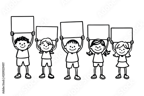 Set of kids holding blank board coloring page, Many children hold blank boards Outline, line art boy and girl bundle vector illustration.
