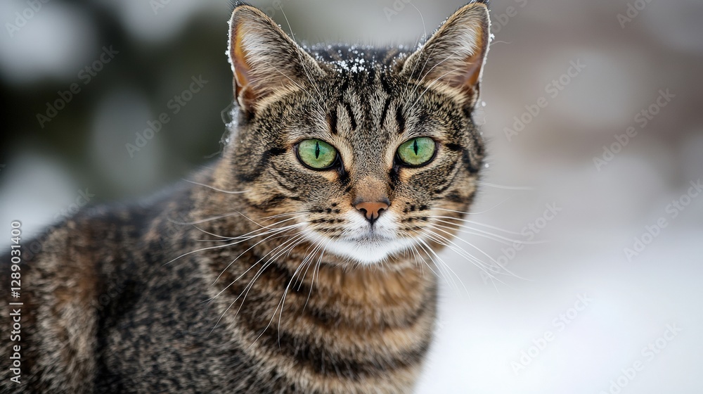 Snow-covered cat with striking green eyes. Snow-covered cat with striking green eyes.