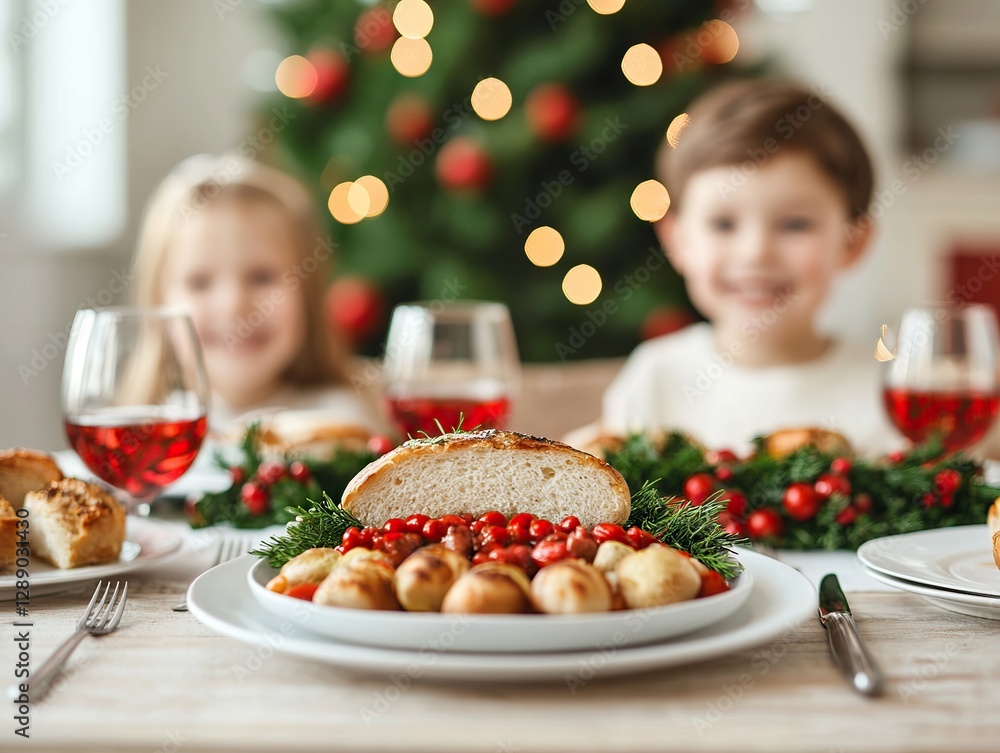 Festive family dinner celebration with kids cozy home food photography holiday atmosphere close-up view