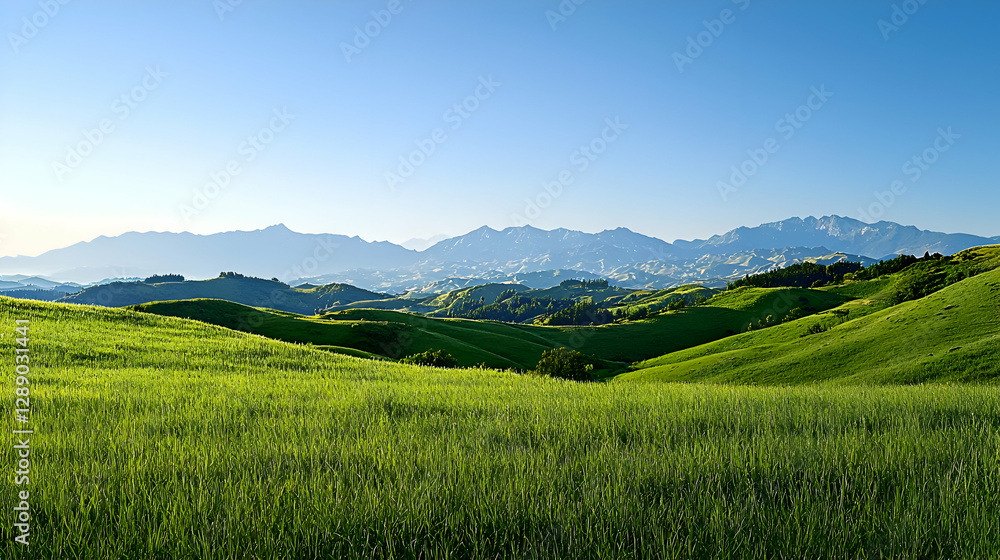 Fototapeta premium Rolling Green Hills and Distant Mountains under a Clear Blue Sky