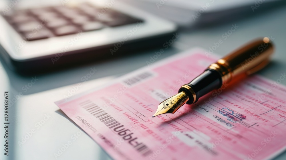 Lottery prize ticket on a clean desk with a tablet and an elegant fountain pen. Featuring success and ambition Lottery prize ticket on a clean desk with a tablet and an elegant fountain pen. Featuring success and ambition