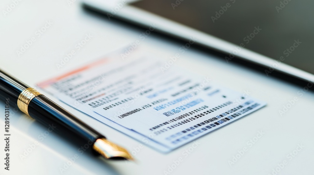 Lottery prize ticket on a clean desk with a tablet and an elegant fountain pen. Featuring success and ambition Lottery prize ticket on a clean desk with a tablet and an elegant fountain pen. Featuring success and ambition