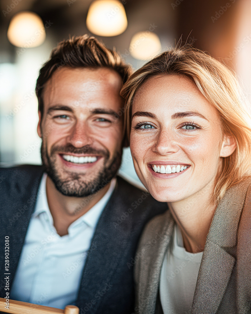 Smiling couple enjoying a moment together in a cozy, well-lit setting. Smiling couple enjoying a moment together in a cozy, well-lit setting.