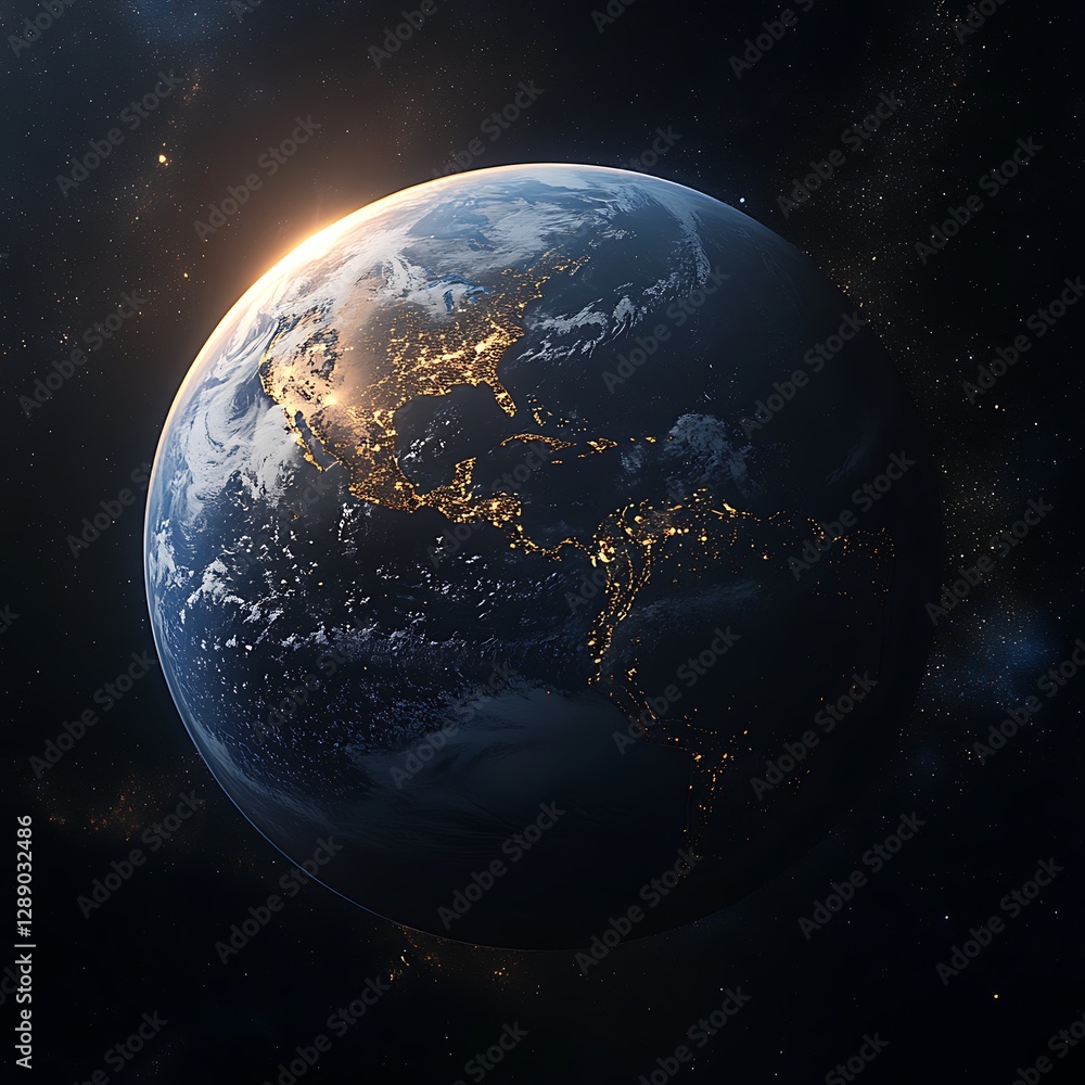 Stunning view of Earth from space at night, showcasing city lights and celestial details Stunning view of Earth from space at night, showcasing city lights and celestial details
