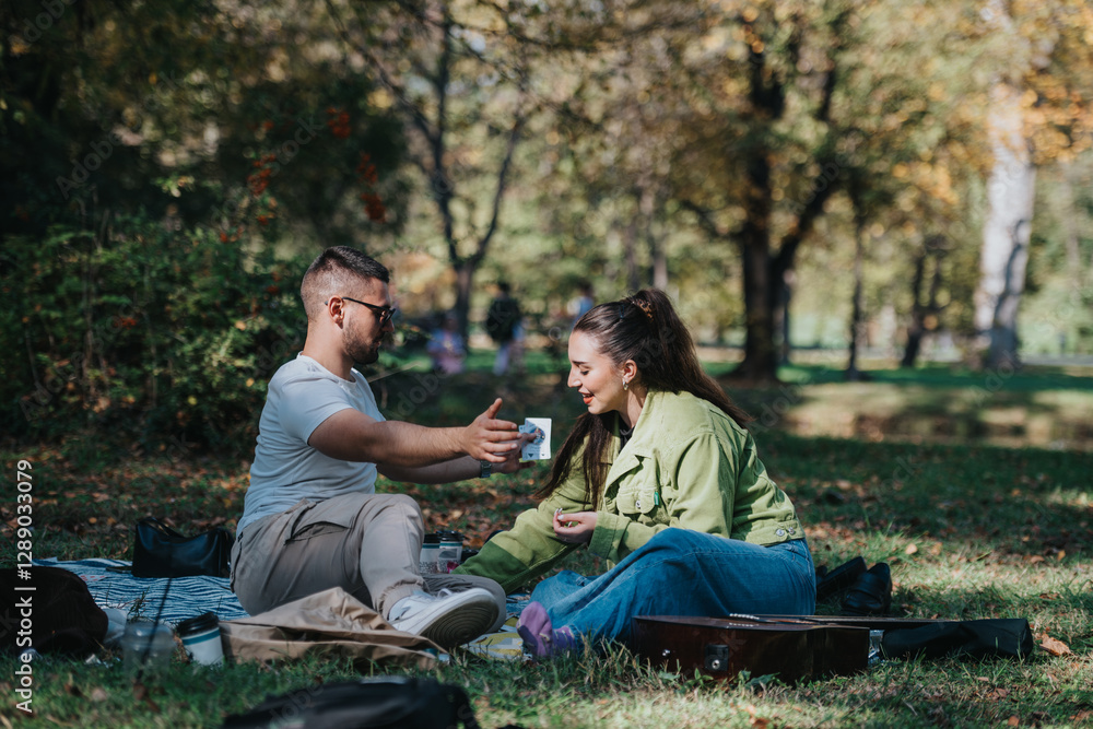 A happy couple sitting on a blanket, sharing coffee during an autumn picnic in a scenic park setting, surrounded by vibrant foliage and trees. A happy couple sitting on a blanket, sharing coffee during an autumn picnic in a scenic park setting, surrounded by vibrant foliage and trees.