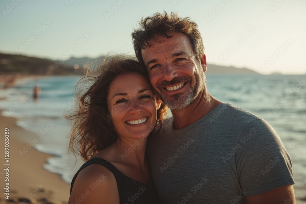 Happy couple smiling on beach at sunset: embracing love and happiness Happy couple smiling on beach at sunset: embracing love and happiness