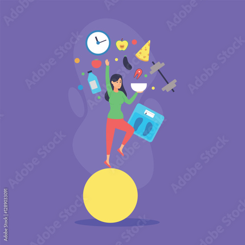 Woman balancing on large sphere while holding bowl of healthy food. Various symbols of health, like weights, snacks, and clock, surrounding her, representing wellness