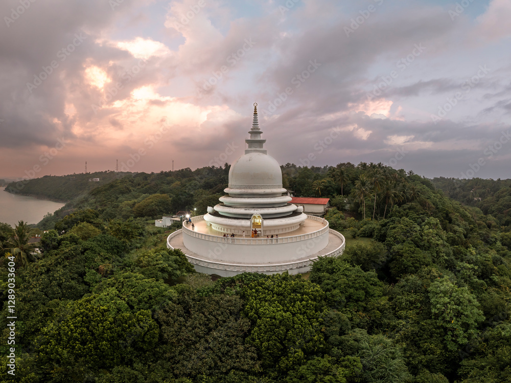 Japanese Peace Pagoda In Rumassala, Sri Lanka. The Japanese Peace Pagoda Near Unawatuna Is A Beautiful Shrine With Amazing Views Across Indian Ocean And Galle Dutch Fort.