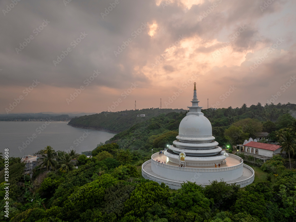 Japanese Peace Pagoda In Rumassala, Sri Lanka. The Japanese Peace Pagoda Near Unawatuna Is A Beautiful Shrine With Amazing Views Across Indian Ocean And Galle Dutch Fort.