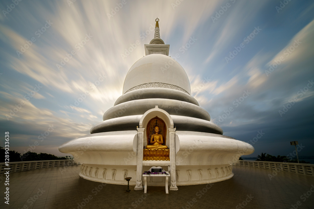 Japanese Peace Pagoda In Rumassala, Sri Lanka. The Japanese Peace Pagoda Near Unawatuna Is A Beautiful Shrine With Amazing Views Across Indian Ocean And Galle Dutch Fort.