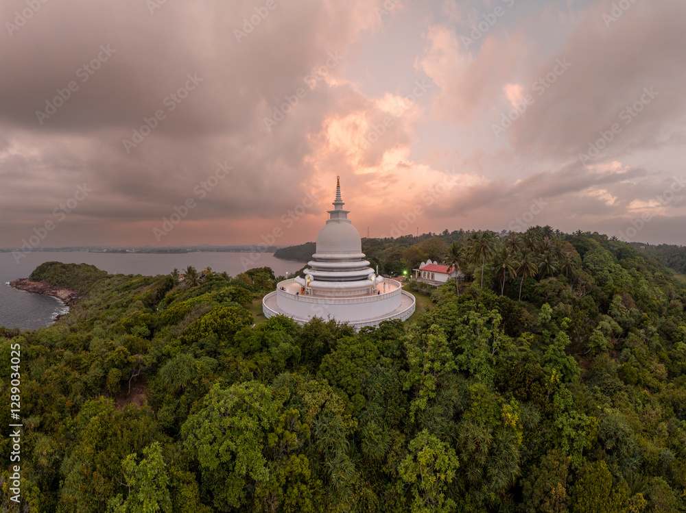 Japanese Peace Pagoda In Rumassala, Sri Lanka. The Japanese Peace Pagoda Near Unawatuna Is A Beautiful Shrine With Amazing Views Across Indian Ocean And Galle Dutch Fort.