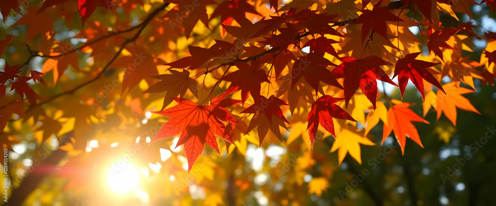 Autumnal leaves are shown with vibrant colors and sunlight Autumnal leaves are shown with vibrant colors and sunlight