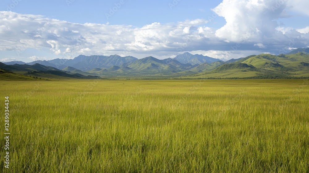 A serene landscape featuring a vast green field bordered by majestic mountains under a bright blue sky with scattered clouds. A serene landscape featuring a vast green field bordered by majestic mountains under a bright blue sky with scattered clouds.