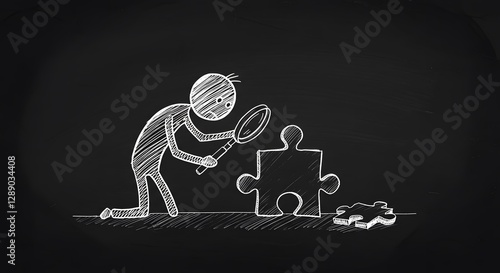 Chalkboard-Style Stick Figure Inspecting a Giant Puzzle Piece with a Magnifying Glass – Problem-Solving and Discovery Concept