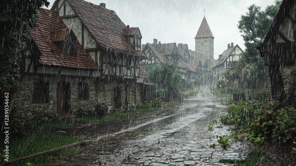 Rainy day in a medieval village with cobblestone streets and traditional half-timbered houses under dark stormy skies Rainy day in a medieval village with cobblestone streets and traditional half-timbered houses under dark stormy skies