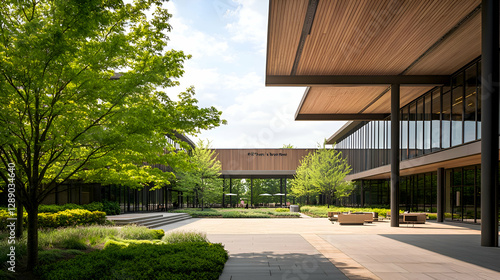 Modern Building Courtyard with Lush Greenery and Wooden Accents