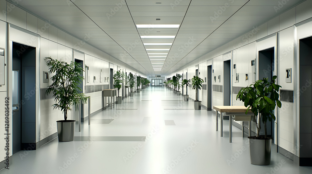 Fototapeta premium Long Hospital Corridor with Plants and Bright Lighting