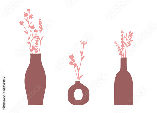 Abstract still life in pastel colors. Collection of contemporary art. Abstract paper cut elements, flowers for social media, posters, postcards, print. Hand drawn pot, vase, flowers vector set.