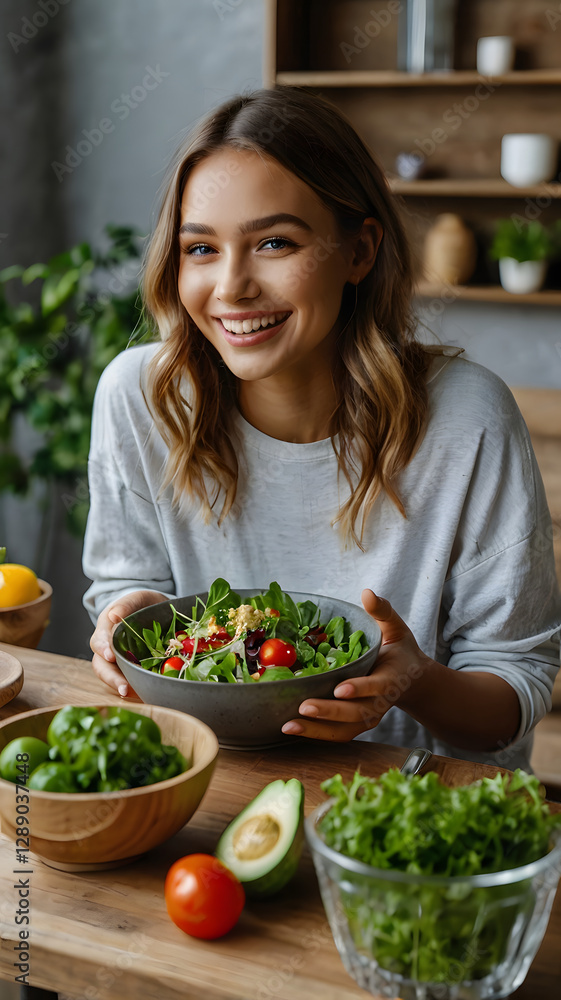 A girl holding a healthy bowl of vegetables and fruit A girl holding a healthy bowl of vegetables and fruit
