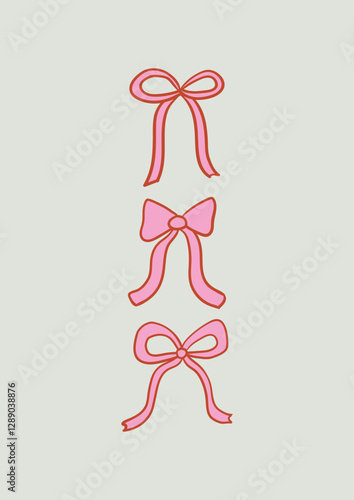 Poster with set of hand drawn pink ribbons. Vector illustration of bows in retro style. Coquette aesthetic vintage clipart